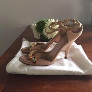 Giuseppe Zanotti Nude Pink Ankle Strap Heels with Gold and Teal Accents